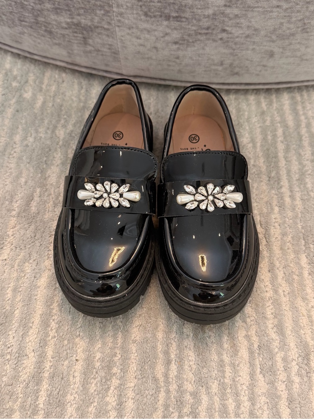 Lola + The Boys Black Patent Loafers with Crystal Floral Accent